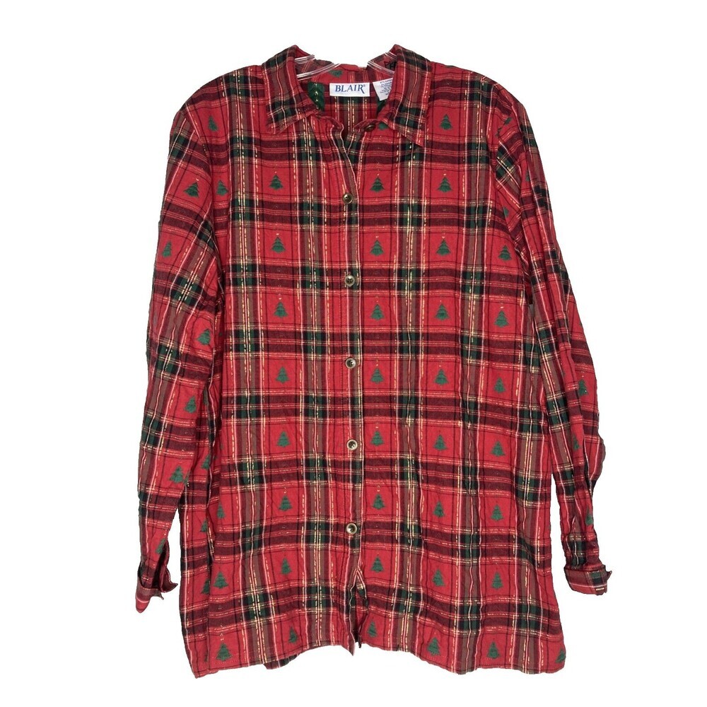 Vintage BLAIR Top Women Large Button Front Christmas Tree Embroidered‎ Plaid